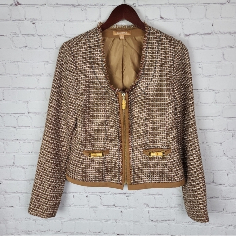 Ellen Tracy Brown Blazer with Textured Weave and Metallic Accents